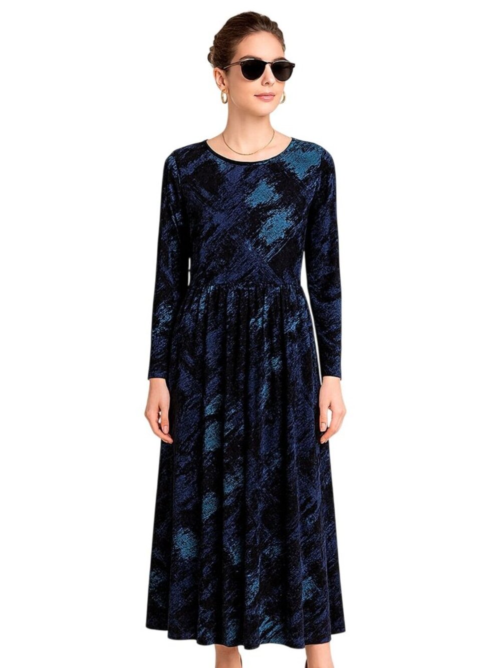 Anne Klein Size Large Long-Sleeve Lined Dress Abstract Print Blue Black